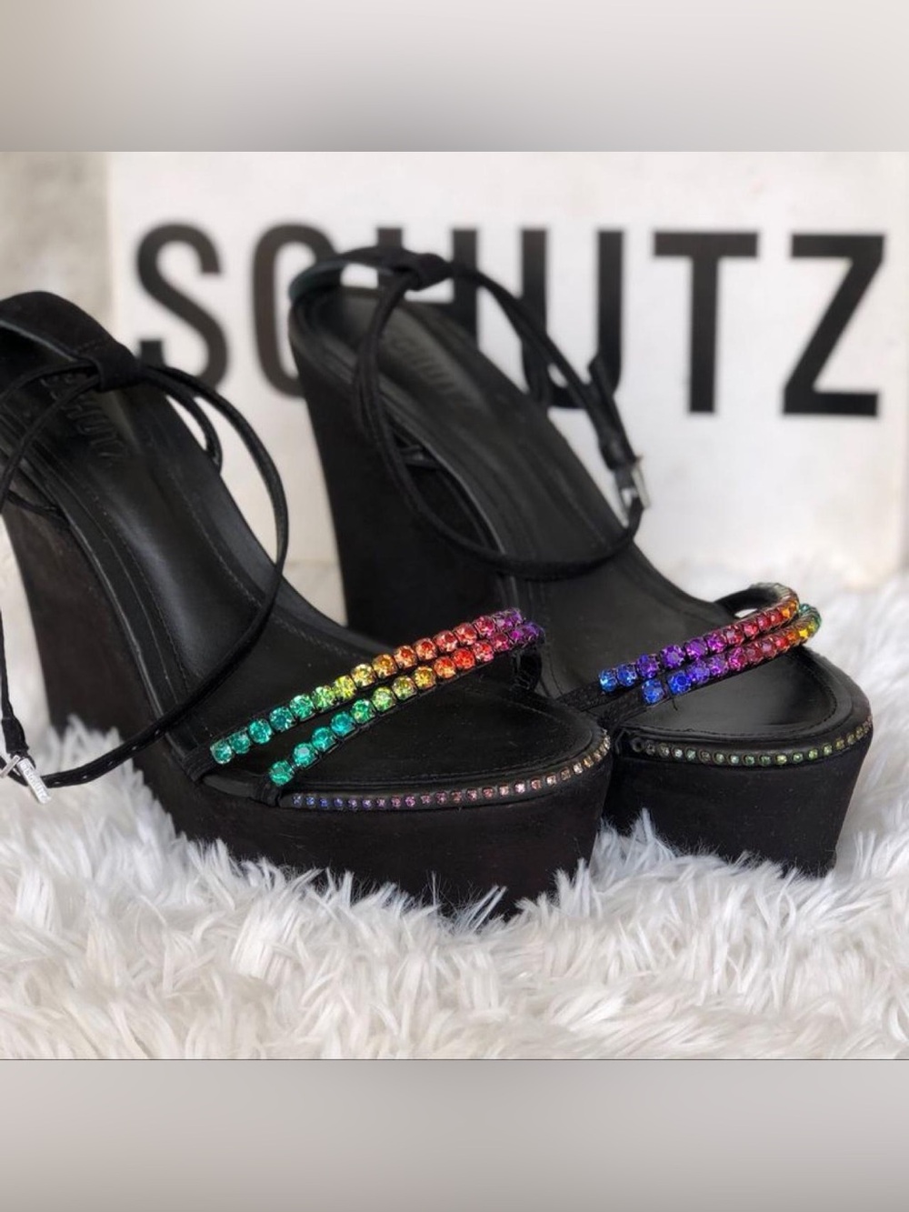 SCHUTZ Black Platform Wedge Sandals with Rainbow Crystal Straps